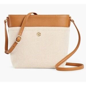 Talbots Crossbody Bucket Purse Bag Leather Trim‎ Beige Minimal Small NEW $119